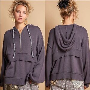 🆕 POL Half Zip Hoodie - Relaxed Fit Pullover - Cotton Blend - Ghost Grey